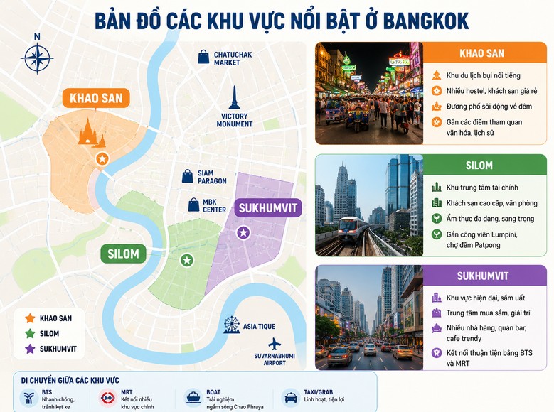Ảnh bản đồ Bangkok với các khu Sukhumvit, Silom, Khao San được đánh dấu, hoặc ảnh so sánh 2 khu vực khác nhau của Bangkok
