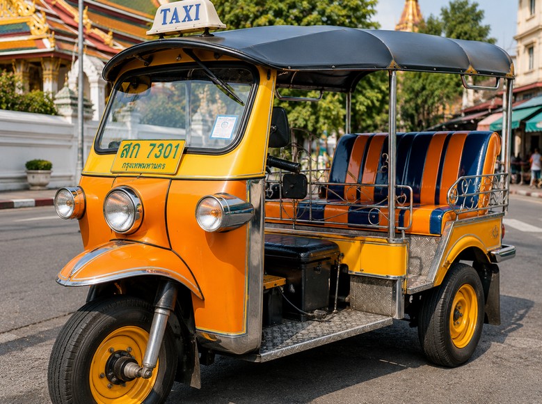 Ảnh cận cảnh chiếc tuk-tuk 3 bánh màu vàng-cam điển hình ở Bangkok