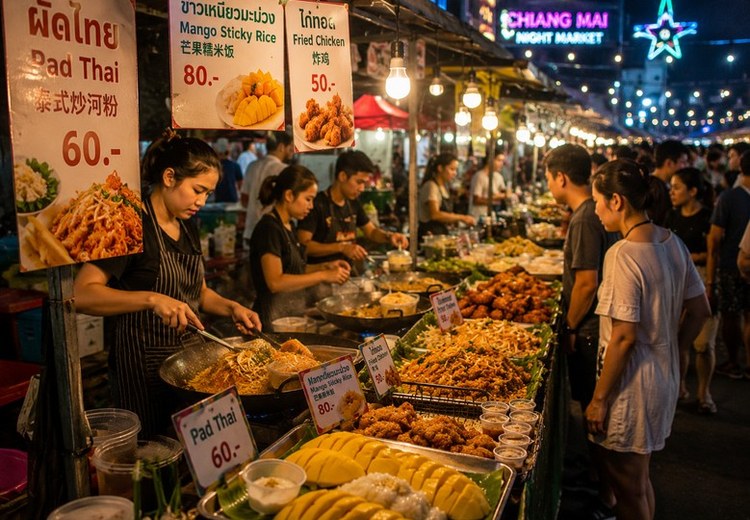 Ảnh chợ đêm bình dân Thái Lan với bảng giá rõ ràng