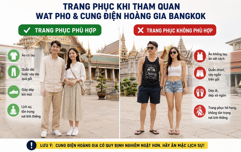 Ảnh khách du lịch mặc trang phục phù hợp khi vào Wat Pho hoặc Cung điện Hoàng gia Bangkok, có thể so sánh trang phục đúng và sai