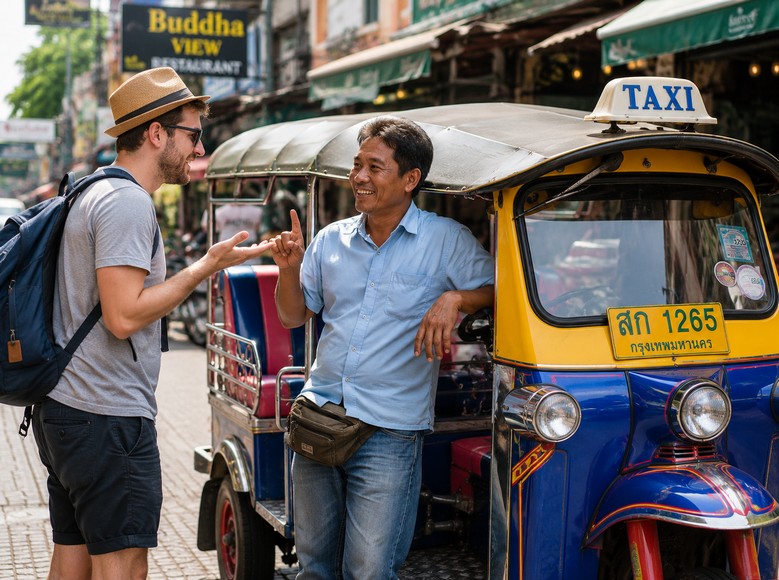 Ảnh khách Tây đang đàm phán giá với lái tuk-tuk trước khi lên xe