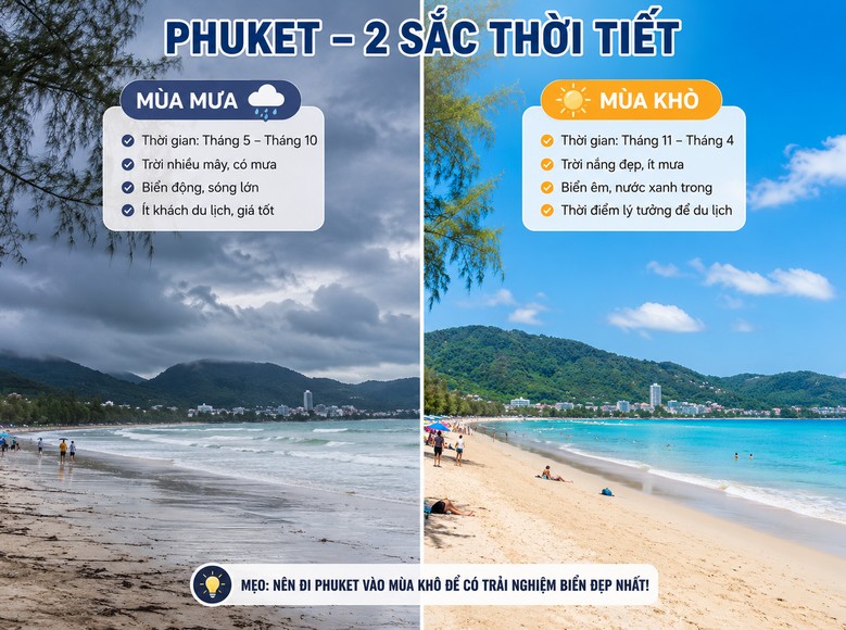 Ảnh so sánh Phuket mùa mưa và mùa khô, hoặc ảnh bầu trời xám và bãi biển nắng đẹp để minh họa
