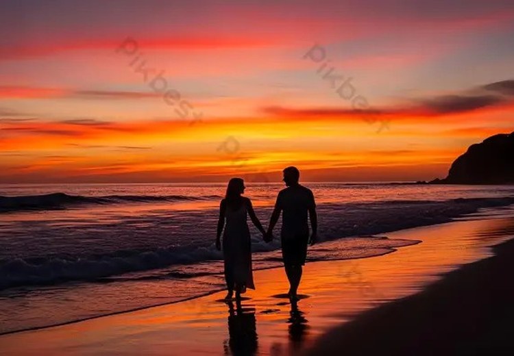 Cặp đôi ngắm hoàng hôn trên bãi biển ở Phuket