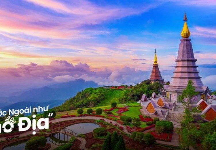 Chùa Đôi Doi Inthanon với vườn hoa rực rỡ và tầm nhìn núi non