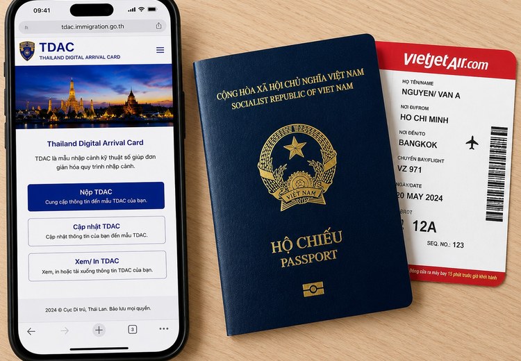 Trang điền TDAC trên điện thoại hoặc ảnh hộ chiếu Việt Nam trên bàn cùng boarding pass
